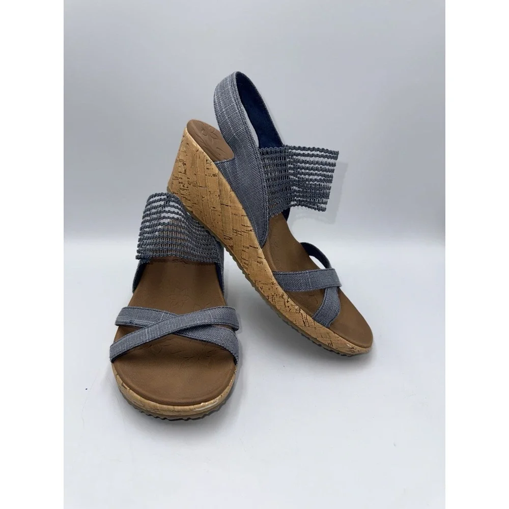 Skechers Luxe Foam Beverlee Blue Shimmer‎ Strappy Open Toe Cork Wedges Sz 7.5